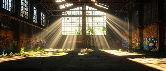 A large, abandoned factory filled with graffiti art on decaying walls and beams of light streaming through broken windows