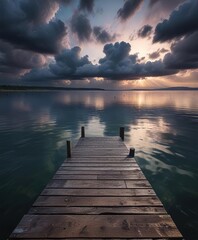 Fototapeta premium The dock disappears into the distance as it extends out into a vast lake with dark clouds covering the sky, isolation, tranquility, dark clouds