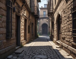 Fototapeta premium Narrow alleyway lined with worn stone walls and ornate ironwork , gothic arches, ancient roman buildings, stone walls