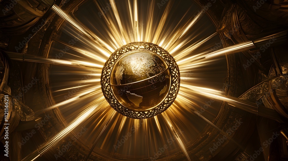 Poster a golden globe surrounded by interconnected beams of light, symbolizing global prosperity.
