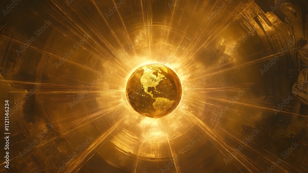 Poster a golden globe surrounded by interconnected beams of light, symbolizing global prosperity.