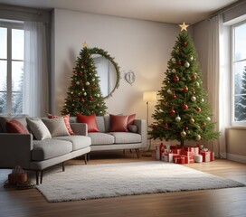 Evergreen Christmas tree with ornaments in a modern living room, christmas, room