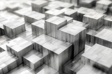 Abstract monochromatic 3D geometric pattern of interlocking blocks in soft focus, creating a sense of depth and texture within a modern artistic composition.