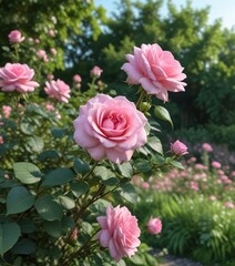 Obraz premium full-bloomed pink rose in a lush garden landscape, colors, pink, blossom