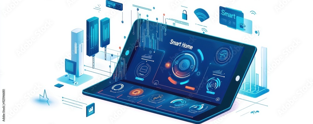 Poster tablet displaying futuristic smart home interface with digital icons