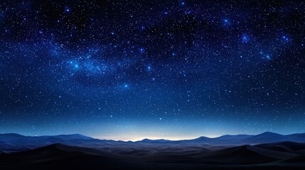 Fototapeta premium A star-filled sky above a sprawling desert with silhouettes of sand dunes in the foreground