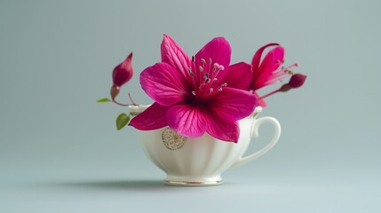 A charming fuchsia flower in an elegant tea cup, showcasing its bright color and delicate petals on a clean backdrop.
