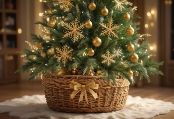 A stunning Christmas tree in a woven basket is elegantly decorated with gold accents and delicate snowflakes, creating a winter wonderland atmosphere , winter, gold, accents