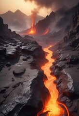Fototapeta premium A wave of molten lava rises from the depths of a volcanic crater, with a gap between rock formations on either side, ancient rocks, volcanic eruption, fiery surface