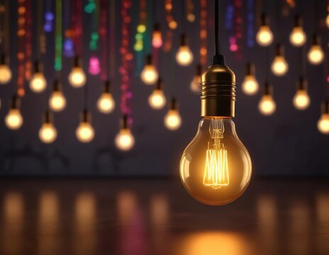 A single gold light bulb suspended in a vibrant array of colorful lights, decorative, gold, artistic