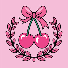 Pink Cherry with Bow and Laurel Wreath Illustration