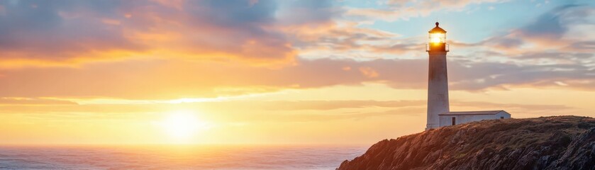 Obraz premium A weathered lighthouse perched on rugged cliffs overlooking stormy seas with dramatic skies