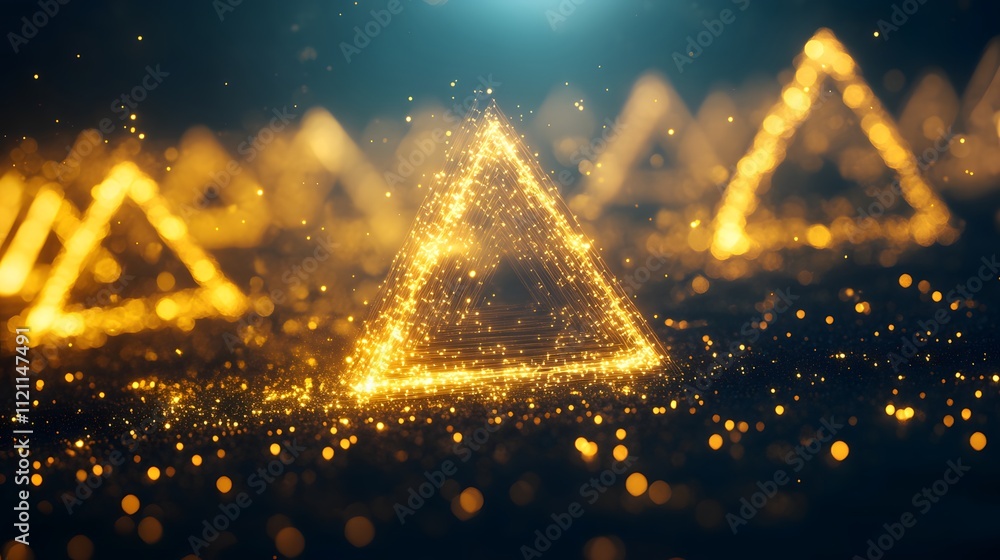 Poster interconnected golden triangles creating a futuristic prosperity grid.