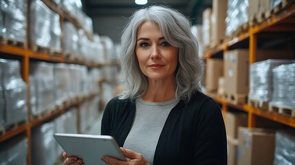 Warehouse manager using tablet in industrial storage facility