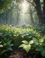 Obraz premium Morning dew glistens on leaves and flowers in a secluded glade, peaceful, secluded