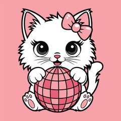 Cute White Kitten with Pink Bow and Disco Ball Illustration