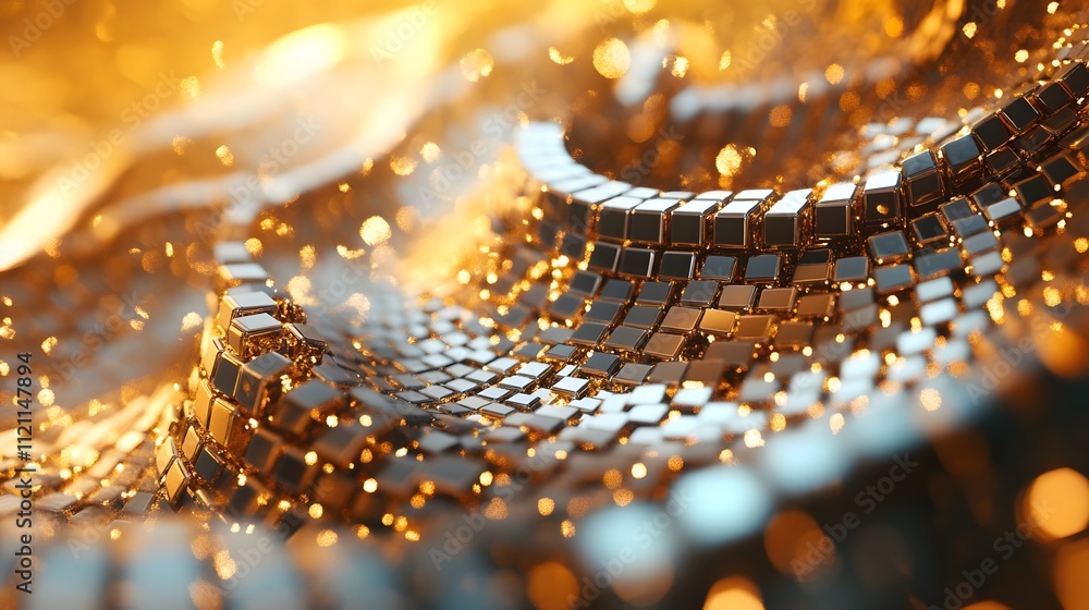 Poster floating golden cubes arranged in a dynamic spiral pattern.