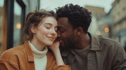 Affectionate Interracial Couples Tender Moment, City Street, Intimate Embrace