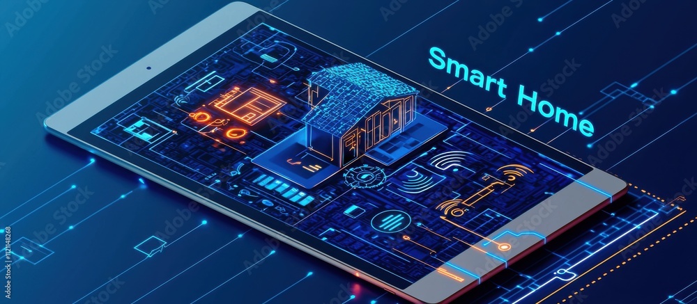 Poster smart home interface displayed on a tablet for modern automation control