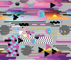 Seamless Pattern Glitch Design. Cyberpunk Digital Background with Geometric Gradient Elements. Abstract Composition for Fabric Fashion 80s-90s, Posters, Cover. Vector illustration