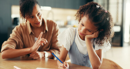 Education, daughter with learning disability and mother in home for development, growth or study. ADHD, discipline and writing with family in apartment together for lesson, support or teaching