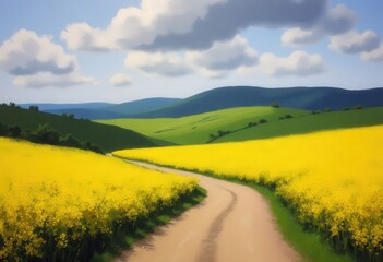Obraz premium Country Road Through Yellow Flower Field 