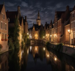 Fototapeta premium Panoramic long exposure of Bruges canals at night, reflective waters, panoramic shot, Bruges canals
