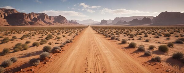 Dirt road traversing a seemingly endless stretch of desert, desert, landscape
