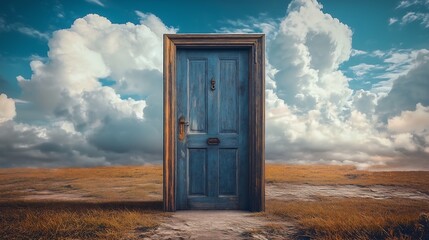 Tranquil blue door surrounded by nature's beauty at twilight,黄昏の自然の美に囲まれた穏やかな青い扉.Generative AI