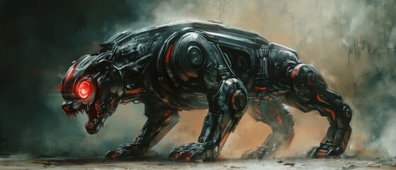 Fototapeta premium Cybernetic Panther: A Powerful Robotic Big Cat Stalking in the Dust