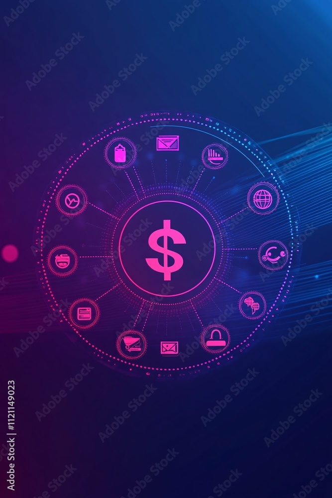 Poster circular fintech badge set against a textured gradient with interconnected global finance symbols.