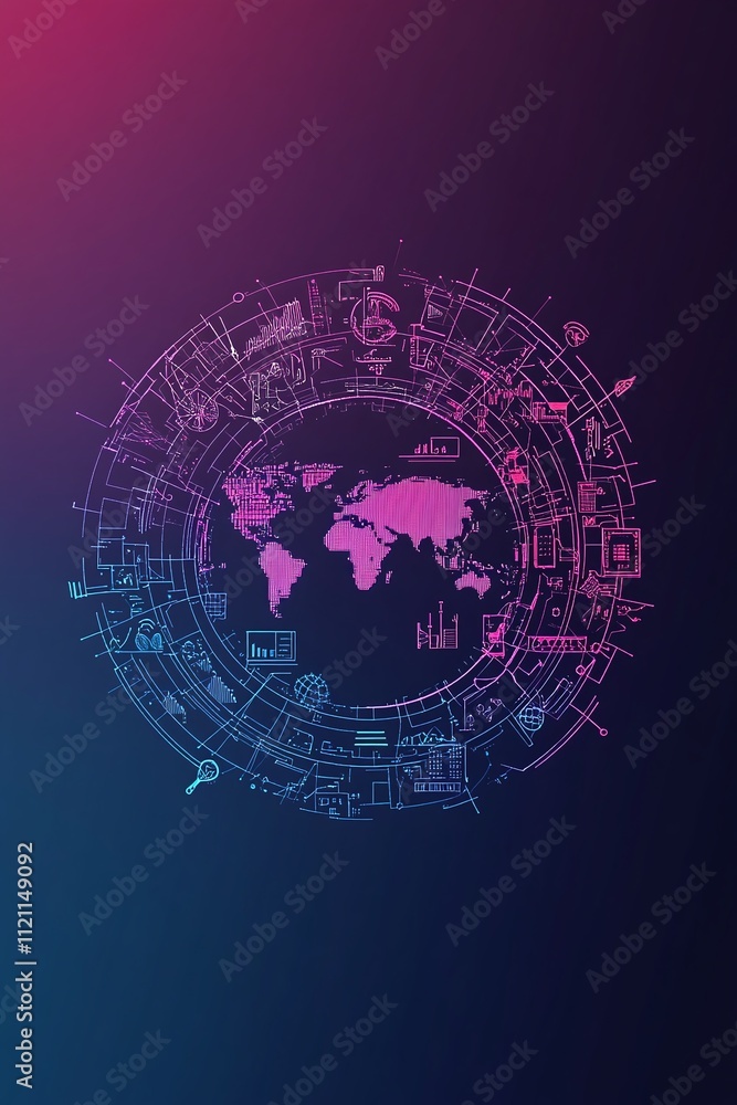 Poster circular fintech badge set against a textured gradient with interconnected global finance symbols.