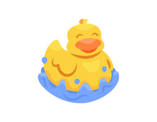 illustration of yellow rubber duck in the water. doll or duck toy. animal. funny, cute and adorable. flat style design. element