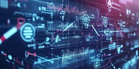 A futuristic concept of healthcare data flowing through a digital network, with icons like stethoscopes, pills, and DNA strands.