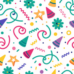 Seamless festive pattern with party hats, confetti, stars, and flowers on white background.