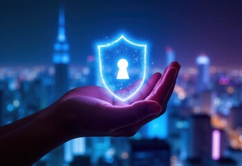 Cybersecurity Shield: Cityscape Background
