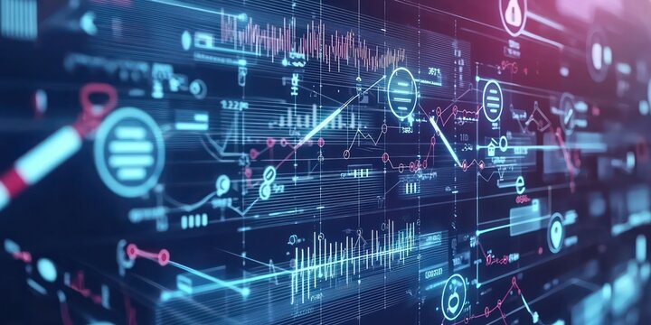 A futuristic concept of healthcare data flowing through a digital network, with icons like stethoscopes, pills, and DNA strands.