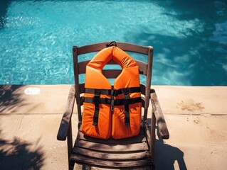 Orange Life Vest on Wooden Chair by Poolside Summer Safety