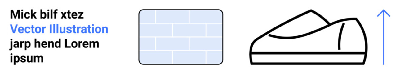 Black text block, light blue brick pattern rectangle, black-outlined shoe, and blue upward arrow. Ideal for modern design, construction, fashion, direction, minimalism, digital art, concepts. Landing