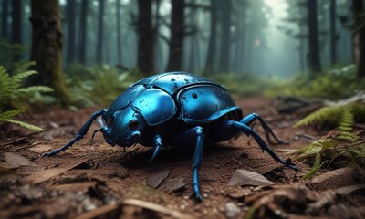 Metallic blue beetle with black spots on forest floor , insect photography, beetle