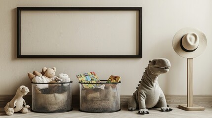 Scandinavian-design kids' room with ivory wall and ash wood accessories, soft lighting.