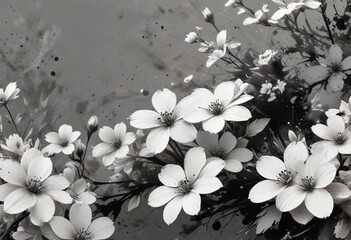ink splattered background with white and gray flowers, whimsical, playful