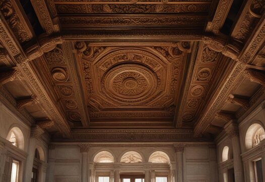 Ceiling of a roman bath house with intricate carvings and moldings, roman bath house, gilded accents