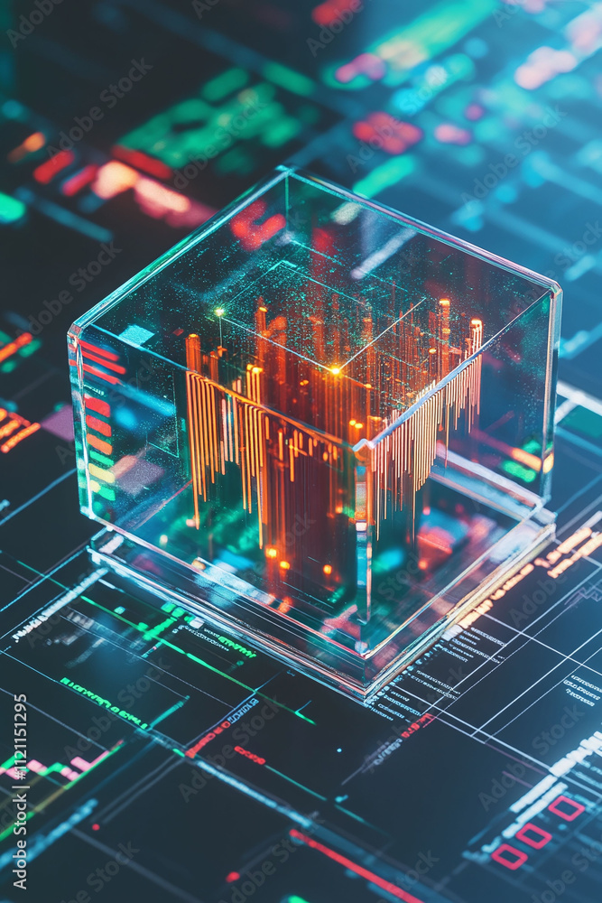 Poster dynamic fintech icon floating in a transparent data cube with glowing cryptocurrency visuals.