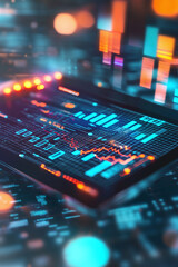 Dynamic fintech icon hovering over a glowing bar graph showcasing market data.