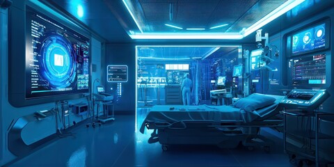 Fototapeta premium A futuristic healthcare environment where AI systems assist in monitoring patient health and providing data analysis.