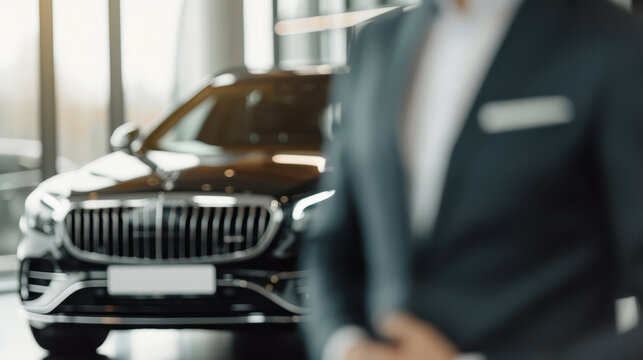 Luxury car salesman presenting a premium vehicle to a customer in a modern auto dealership. Business aspect of car sales, customer service excellence, and the elegance of high-end automotive design.