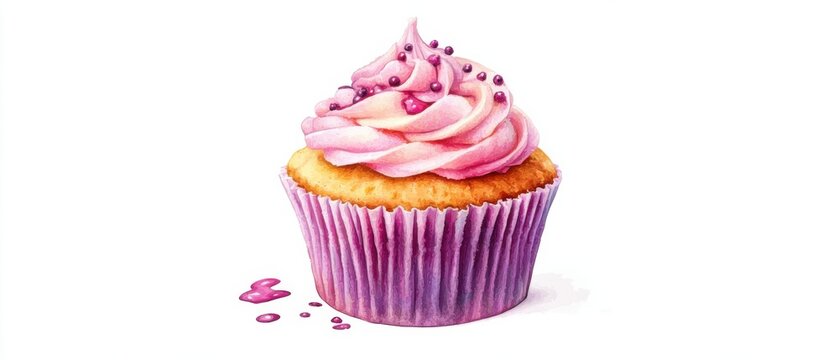 Delicious Pink Cupcake with Swirl Frosting and Sprinkles, Watercolor Illustration