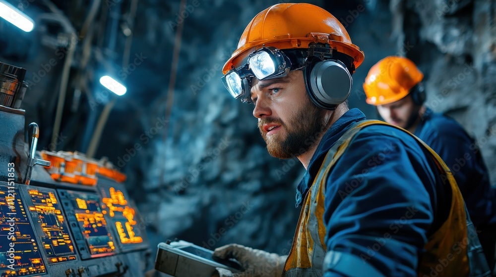 Poster engineers monitoring operations on an underground mining dashboard with glowing orange displays