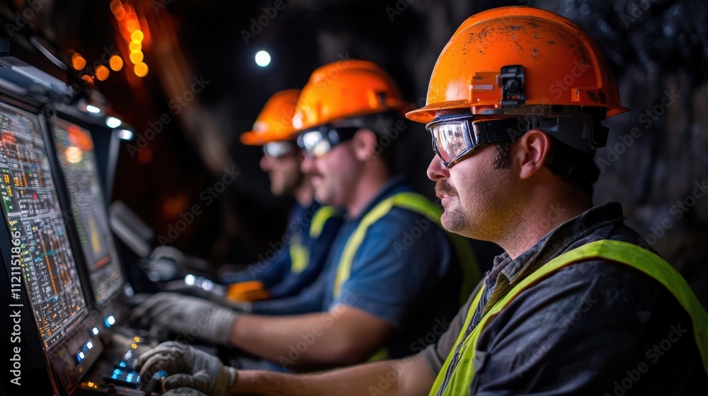 Poster Engineers monitoring operations on an underground mining dashboard with glowing orange displays